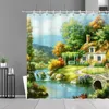 Shower Curtains Scenic Curtain Forest Waterfall Beautiful Scenery Spring And Autumn Alpine River Oil Painting Bathroom Decoration