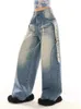 Jeans pour femmes hautes Tie à la taille teintée bleu clair vintage américain Style Street Casual Wide jambe Pantal