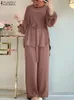 Ropa étnica Zanzea Mujeres musulmanas Conjuntos a juego Long Slve Copas de color sólido y trajes de pantalón suelto de moda