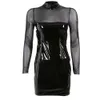 Women Shiny Leather Sheath Bag Hip Dress See Through Hot Porn Breast Exposing Shaping Bodycon ing With Transparent Mesh Catsuit Costumes