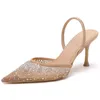 Sommar High Traf Women Heeled Fashion Mesh Rhinestone Slingback Pumpar Elegant Woman Sandals Party Lady Shoes D