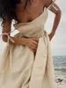 Casual Dresses Women's Cotton Linen V-Neck Suspender Dress Female Elegant Sexy Strap Backless Long Maxi Summer Fashion 2024