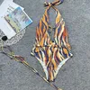 Swimwear Women Tiger Stripe Imprime un morceau de maillot de bain pour les femmes High Wair Belt-V Bikini Monokini 2024 Sexy Hollow Out Backless