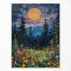Vintage Full Moon Above The Wildflowers Canvas Wall Art Mystical Midnight Woodland Art Print Poster Retro Flowers and Trees Nature Oil Painting Dark Forest