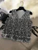 Tanks féminins harajuku mode femme lourde industrie paillette scintillant ventre lâche en dentelle courte cent de chemises assorties petites hauts cardigan