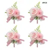 Fleurs décoratives 4pcs Fleur artificielle boutonniere ruban Broche corsages de marié fête