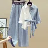 Summer Stitched Chiffon Long Sleeve Shirt Female Pant Set Elegant Womens Jeans Casual Ladies Blouse Two Piece Set 240508
