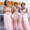 2020 sexy pure juweel nek kanten appliques bruidsmeisje jurken split formele avondjurken draag goedkoop land blozen roze bruidsmeisje dre 292J