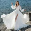 Lorie Beach Chiffon Wedding Dresses White Long Puffy Sleeve V-Neck High Slit Bridal Gowns Open Back Wedding Party Dresses 278U