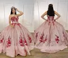 Блески блестки из тюля розовая розовая промормовая платья Quinceanera Красное цветочное аппликация бисеро -бретелек.