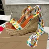 Designer High Heels Real Silk Ankle Strap Wedge Sandals Platform Women Espadrilles Sandal Summer Wedding Dress Shoes With Box 565