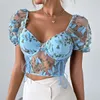 Yimunancy Boho Bufferfly Embroidery Puff Sleeve Top Women v Neck Summer Backless Stose Sexy Cropped Blouse 240424