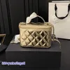 Trend Shiny Zipper Women Makeup Bag With Mirror Luxury Vanity Box Underarm Bag Leather Diamond Lattice Handbag Gold Hardware Chain Coin Wkno