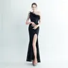 Casual Dresses Luxury Elegant Elastic Long For Women Evening Party Wedding Guest Prom Split One Shoulder Bling And Feathers Formal