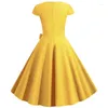 Party Dresses Solid Yellow 50s 60s Vintage Dress 2024 Summer Women Short Sleeve Square Collar Elegant Office Sundress Belt