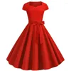 Party Dresses Solid Yellow 50s 60s Vintage Dress 2024 Summer Women Short Sleeve Square Collar Elegant Office Sundress Belt