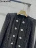 Damesjacks mode runway herfst zwart casual vest vacht o-neck crystal dubbele borsten lange mouw jas met lange mouwen