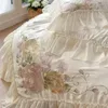 Bedding Sets Flowers Embroidery Lace Ruffles French Princess Wedding Set Lyocell Cotton Soft Silky Duvet Cover Bed Sheet Pillowcases