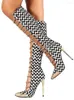 Laarzen gladiator knie hoge metalen ketting zigzag stiletto hiel veer vrouw mode runway schoenen puntig teen