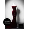 Spaghetti Evening Dress Dress Party Shiny Diamond Rose Wine Red Velvet Texture Bridal Romaid Fit Dress