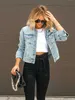 Long Sleeve Cropped Denim Jacket Blue Ripped Button Closure Distressed Flap Pockets Denim Coats Womens Denim Clothing 240510