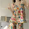 Домашняя одежда Limiguyue Summer Kawaii милые камизольные шорты домашняя одежда красочная печать женщин пижама набор спагетти ремня хлопковой снаряда S543