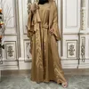Vêtements ethniques mode Satin musulman set robe cardigan abayas for women Musulman Ensembles Ramadan Caftan Abaya Kaftan Dubai Arab Lace-Up