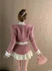 Vestidos de trabalho garotinha lã rosa 2 trajes de vestido de celebridade arco de casaco curto mini -saia de saia ou outono de inverno 2pc Conjuntos