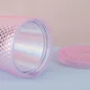 Cups Saucers 710ml Plastic Straw Cup Rhinestone Rivet Double-Walled Travel Mug With Lid Bubble Tea Large Capacity For Sports