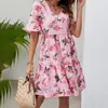 Повседневные платья модные цветочные платья Женщины летние миди -элегантное v шея расклешенное рукав.