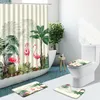 Shower Curtains Tropical Green Plant Palm Leaf Curtain Flamingo Flower Non-Slip Flannel Rug Toilet Cover Bath Mat Bathroom Set Home Decor