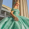 Green Shiny Off The Shoulder Quinceanera Prom Dresses Princess Applique Flower Glitter Sweet 16 Dress Vestidos De 15 Anos