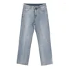 Kvinnors jeans hxjjp 2024 Autumn ljusblå denim byxor vintage bred ben ankel längd byxor kvinnor rak hög midja avslappnad lös