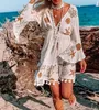 Femmes étoiles de poisson imprimé à manches longues Vneck Beach Bohemian Robe Tassel Mini Boho Vestidos 240508