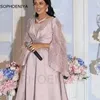 Partykleider Ankunft gegen Nacken Langarm Abendkleid 2024 Satin Feder Abaya Dubai Plus Size Robe Longue