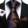 Neck Tie Set 8cm Fashion Gold Feather Print Mens Silk Ties Handkerchief Cufflinks Set Business Party Necktie Gravatas Gift For Men