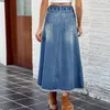 Rokken dames casual stretch taille gewassen denim maxi rok hoge blauw lang noodlijdende rafe rafe zoom zwaai een lijn