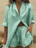 Casual Cotton Linen Solid Color Set Short Sleeve Loose Shirt Wide Leg Shorts Two Piece Woman Suits 2024 Summer 240508