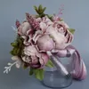 Bröllopsblommor europeiska vintage brudbukett konstgjorda dammiga pion Peony falska saftiga växter spetsband brudtärna parti 251f