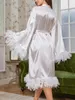 Roupas domésticas mulheres sexy longas túnicas quimono ver através de roupas de noiva camisola lingerie penas norma de banheira