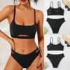 Swimwear féminin Femme Black Split Bikini Sexy Sexy Hollow Beach Vacation Three Point Set Set Femmes Bayan 2024