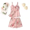 Women's Sleepwear Female Lingerie Nightwear 5Pieces Satin Pyjamas Women Pajamas Sets Flower Print Pijama Kimono