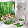 シャワーカーテン緑色の竹の森の風景カーテンセットロータスフラワーウッドブリッジレイクバスルームの装飾ラグバスマットトイレの蓋カバー