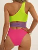 Dames badkleding één schouder dames stuk zwempak 2024 kleurblok sexy geribbelde vrouwelijke hoge taille zwempak monokini baden