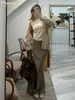 Jupes Clove Fashion Satin brun lâche pour femmes Élégant taille haute jupe longue occasionnelle Classic Classic Solid Clothing