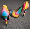 Kleding schoenen mode regenboog kleur stiletto hiel pompen dame gemengd slip-on high hakken vrouwen single real pos