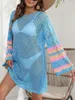 Women Beach Cover Up Contrast Color Cutout See-Through Summer Swimsuit Coverup Crochet Bathing Suit Ups Dresses