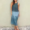 Robes décontractées Femme Fashion Gradient imprimé Robe en lin de coton Spring Round Side Slit Split Long Summer Soupless Tank A-Line Maxi