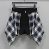 2024Summer Fashion Denim Shorts Plaid Patchwork Fake Twopiece Pants courts tendance Ligne large Aline jupe Femme 240508