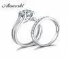 Ainoyhi 925 Sterling Silver 4 Prongs Engagement Bridal Ring Sets Sona Round Cut Wedding Anniversary Silver Bridal Ring Set Y20017742974